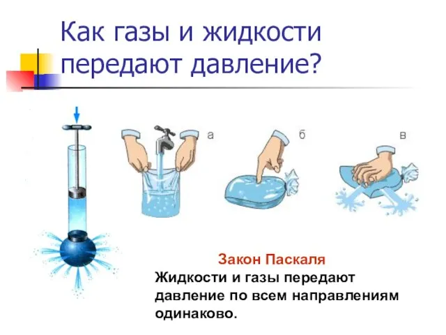 Как газы и жидкости передают давление? Закон Паскаля Жидкости и газы передают