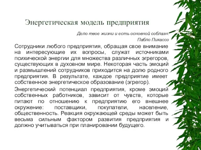 Энергетическая модель предприятия Дело твое жизни и есть основной соблазн. Пабло Пикассо