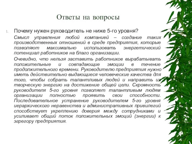 Ответы на вопросы Почему нужен руководитель не ниже 5-го уровня? Смысл управления