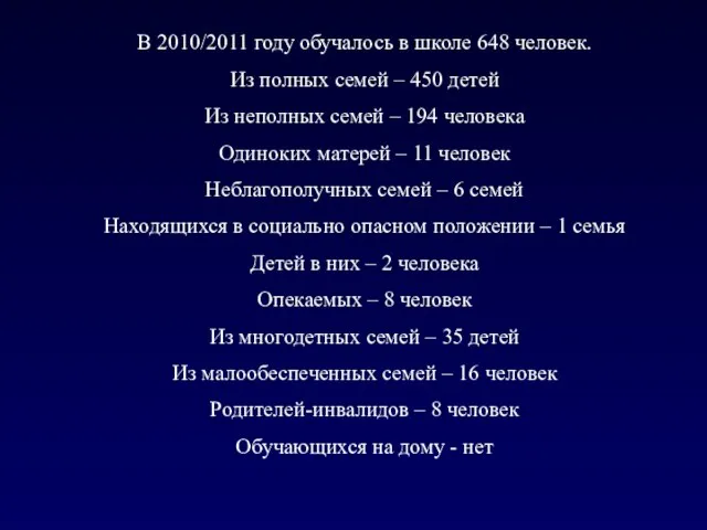 В 2010/2011 году обучалось в школе 648 человек. Из полных семей –