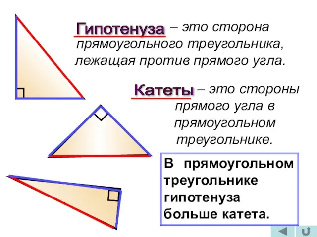 – это сторона прямоугольного треугольника, лежащая против прямого угла. Гипотенуза – это