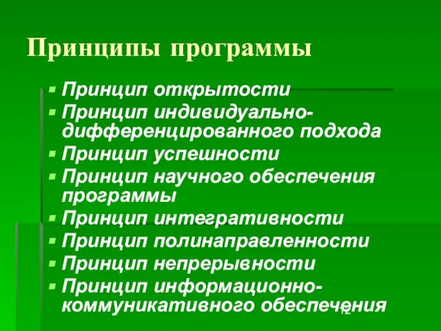 Принципы программы Принцип открытости Принцип индивидуально-дифференцированного подхода Принцип успешности Принцип научного обеспечения