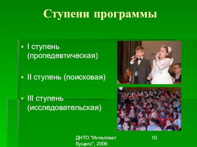 ДНТО "Интеллект бущего", 2006 Ступени программы I ступень (пропедевтическая) II ступень (поисковая) III ступень (исследовательская)