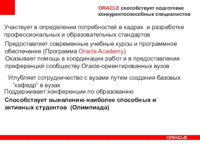 Углубляет сотрудничество с вузами путем создания базовых “кафедр” в вузах Участвует в