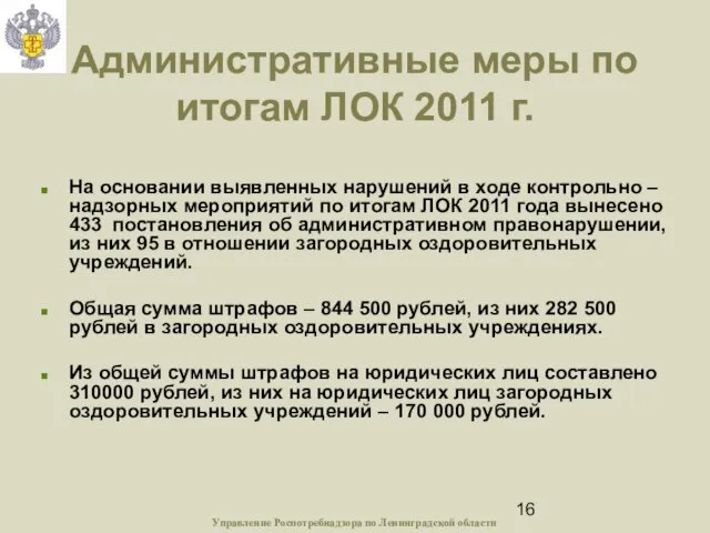 Административные меры по итогам ЛОК 2011 г. На основании выявленных нарушений в