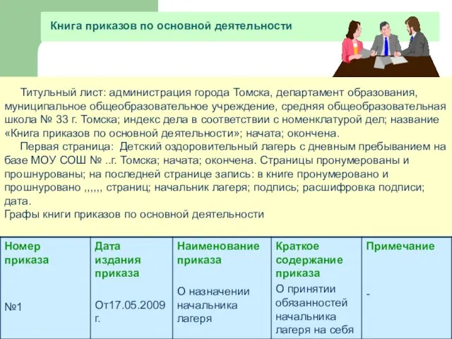 Книга приказов по основной деятельности Титульный лист: администрация города Томска, департамент образования,