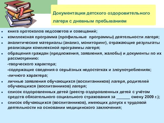 Документация детского оздоровительного лагеря с дневным пребыванием книга протоколов педсоветов и совещаний;