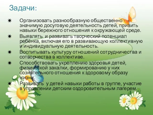 Организовать разнообразную общественно -значимую досуговую деятельность детей, привить навыки бережного отношения к