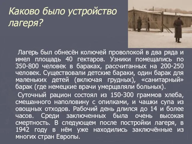 Каково было устройство лагеря? Лагерь был обнесён колючей проволокой в два ряда