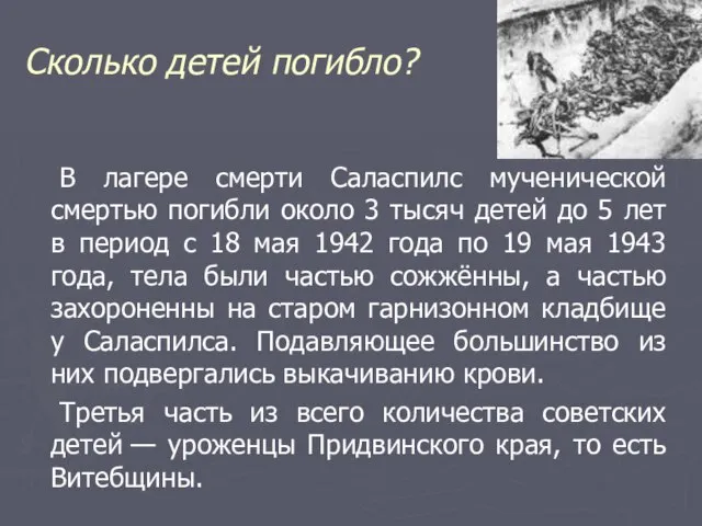 Сколько детей погибло? В лагере смерти Саласпилс мученической смертью погибли около 3