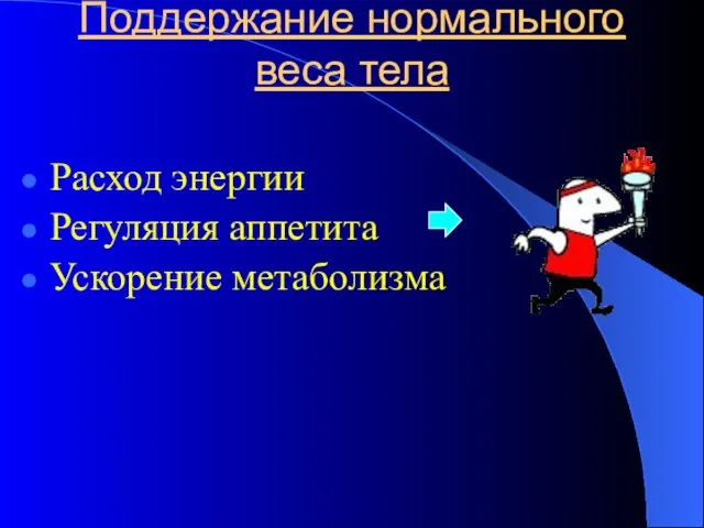 Поддержание нормального веса тела Расход энергии Регуляция аппетита Ускорение метаболизма