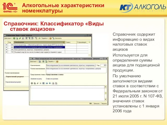 Справочник содержит информацию о видах налоговых ставок акцизов Используется для определения суммы