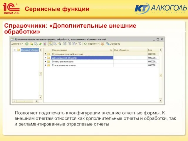 Позволяет подключать к конфигурации внешние отчетные формы. К внешним отчетам относятся как