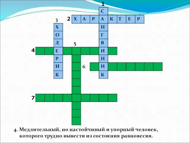 4. Медлительный, но настойчивый и упорный человек, которого трудно вывести из состояния