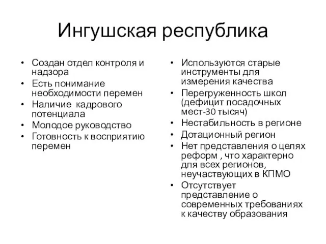 Ингушская республика Создан отдел контроля и надзора Есть понимание необходимости перемен Наличие