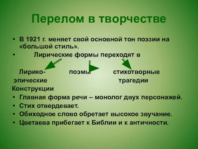 Перелом в творчестве В 1921 г. меняет свой основной тон поэзии на