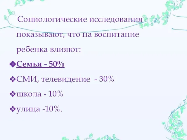 Социологические исследования показывают, что на воспитание ребенка влияют: Семья - 50% СМИ,