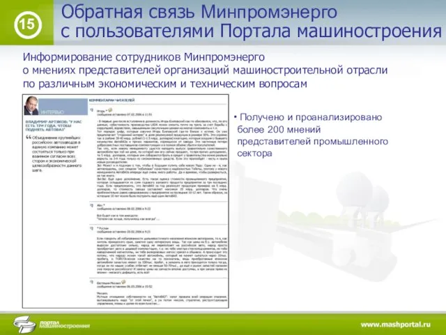 15 Информирование сотрудников Минпромэнерго о мнениях представителей организаций машиностроительной отрасли по различным