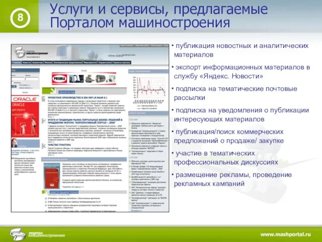 Услуги и сервисы, предлагаемые 8 публикация новостных и аналитических материалов экспорт информационных