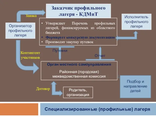 Специализированные (профильные) лагеря Организатор профильного лагеря Заказчик профильного лагеря - КДМиТ Исполнитель