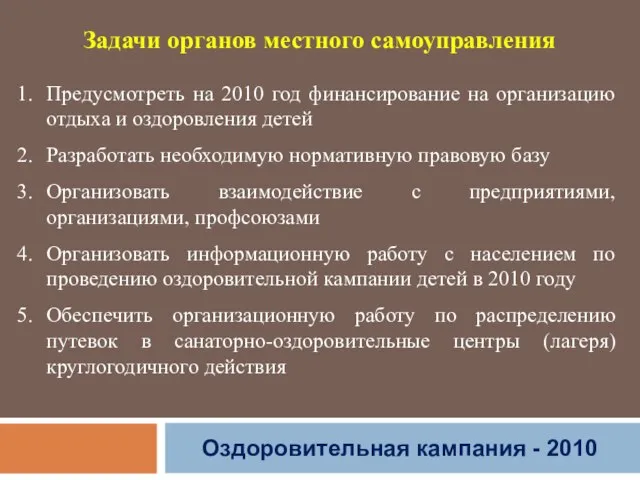 Оздоровительная кампания - 2010 Задачи органов местного самоуправления Предусмотреть на 2010 год