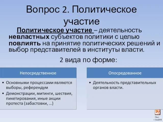 Вопрос 2. Политическое участие Политическое участие – деятельность невластных субъектов политики с