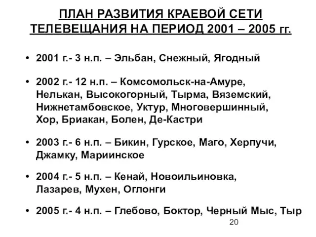 ПЛАН РАЗВИТИЯ КРАЕВОЙ СЕТИ ТЕЛЕВЕЩАНИЯ НА ПЕРИОД 2001 – 2005 гг. 2001