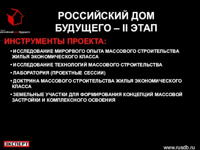 www.rusdb.ru РОССИЙСКИЙ ДОМ БУДУЩЕГО – II ЭТАП ИНСТРУМЕНТЫ ПРОЕКТА: ИССЛЕДОВАНИЕ МИРОРВОГО ОПЫТА