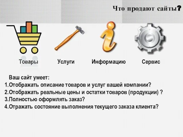 Что продают сайты? Товары Услуги Сервис Информацию Ваш сайт умеет: Отображать описание