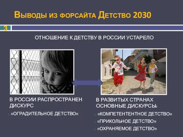 В РОССИИ РАСПРОСТРАНЕН ДИСКУРС «ОГРАДИТЕЛЬНОЕ ДЕТСТВО» В РАЗВИТЫХ СТРАНАХ ОСНОВНЫЕ ДИСКУРСЫ: «КОМПЕТЕНТЕНТНОЕ