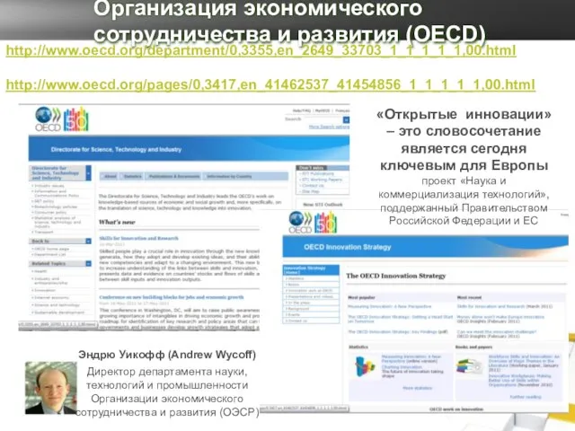 Организация экономического сотрудничества и развития (OECD) http://www.oecd.org/department/0,3355,en_2649_33703_1_1_1_1_1,00.html http://www.oecd.org/pages/0,3417,en_41462537_41454856_1_1_1_1_1,00.html Эндрю Уикофф (Andrew Wycoff)