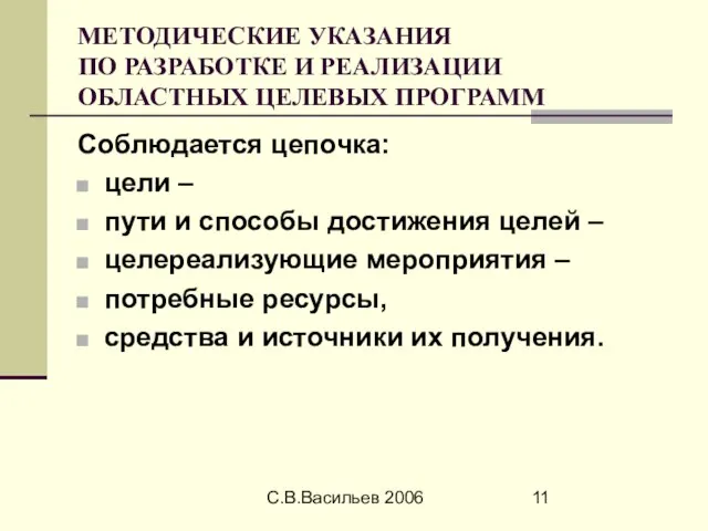 С.В.Васильев 2006 МЕТОДИЧЕСКИЕ УКАЗАНИЯ ПО РАЗРАБОТКЕ И РЕАЛИЗАЦИИ ОБЛАСТНЫХ ЦЕЛЕВЫХ ПРОГРАММ Соблюдается