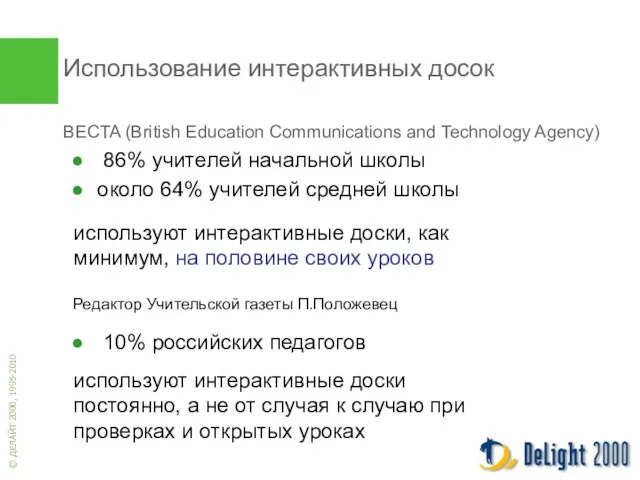 Использование интерактивных досок 86% учителей начальной школы около 64% учителей средней школы