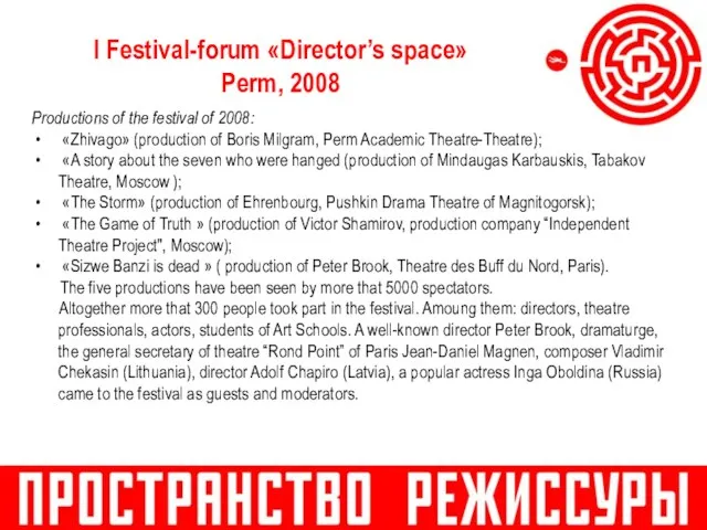 I Festival-forum «Director’s space» Perm, 2008 Productions of the festival of 2008: