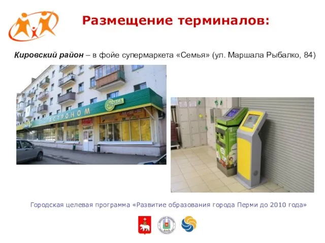 Городская целевая программа «Развитие образования города Перми до 2010 года» Размещение терминалов: