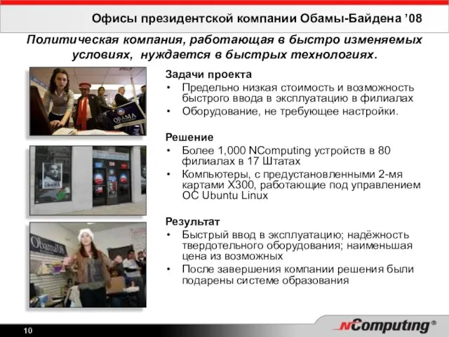 Офисы президентской компании Обамы-Байдена ’08 Политическая компания, работающая в быстро изменяемых условиях,