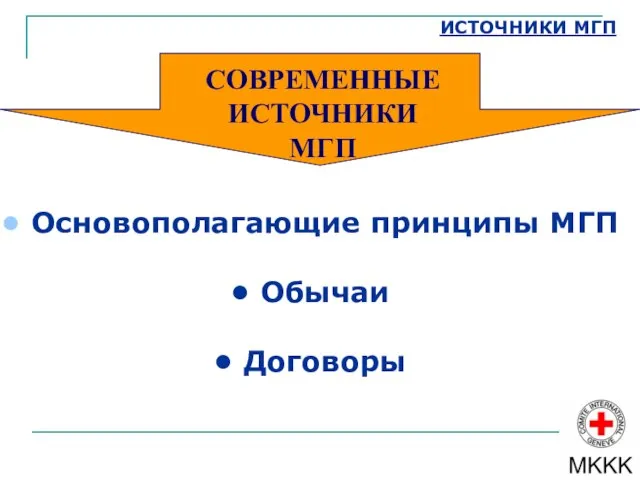 ИСТОЧНИКИ МГП СОВРЕМЕННЫЕ ИСТОЧНИКИ МГП Обычаи Основополагающие принципы МГП Договоры