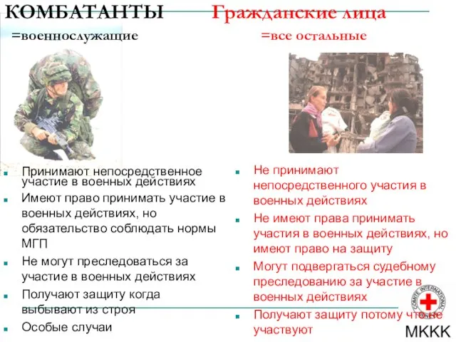 КОМБАТАНТЫ Гражданские лица =военнослужащие =все остальные Принимают непосредственное участие в военных действиях