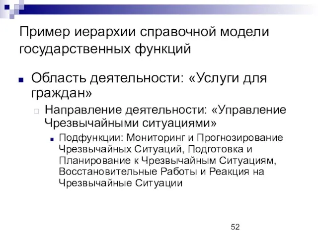 Пример иерархии справочной модели государственных функций Область деятельности: «Услуги для граждан» Направление