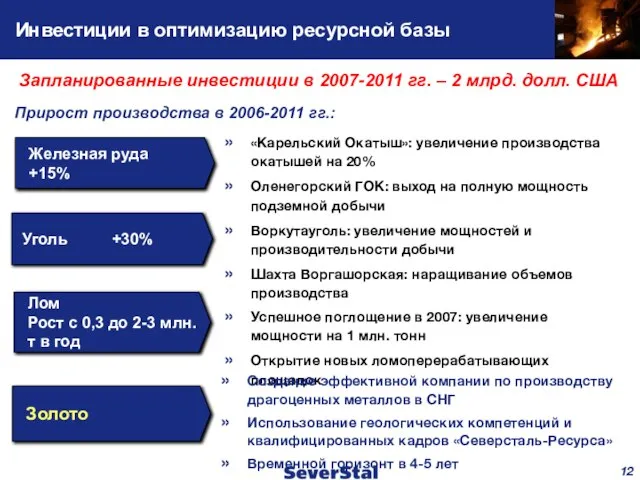 Инвестиции в оптимизацию ресурсной базы Железная руда +15% Запланированные инвестиции в 2007-2011