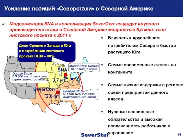 Усиление позиций «Северстали» в Северной Америке Близость к крупнейшим потребителям Севера и