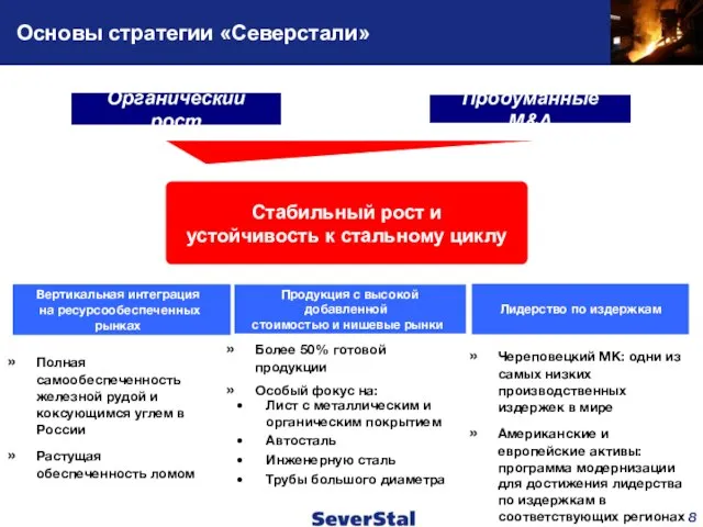 Основы стратегии «Северстали» Череповецкий МК: одни из самых низких производственных издержек в