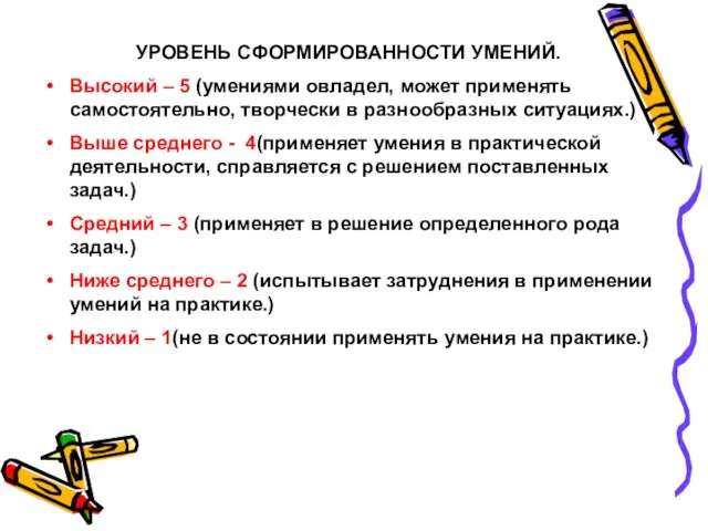 УРОВЕНЬ СФОРМИРОВАННОСТИ УМЕНИЙ. Высокий – 5 (умениями овладел, может применять самостоятельно, творчески