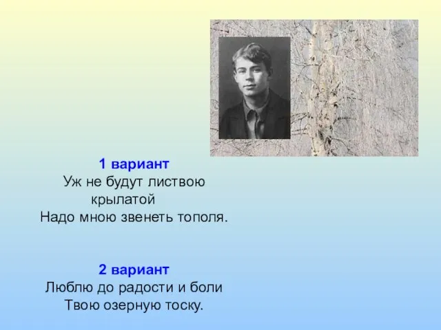 1 вариант Уж не будут листвою крылатой Надо мною звенеть тополя. 2