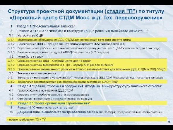 Структура проектной документации (стадия "П") по титулу «Дорожный центр СТДМ Моск. ж.д. Тех. перевооружение» 9