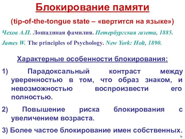 Блокирование памяти (tip-of-the-tongue state – «вертится на языке») Чехов А.П. Лошадиная фамилия.