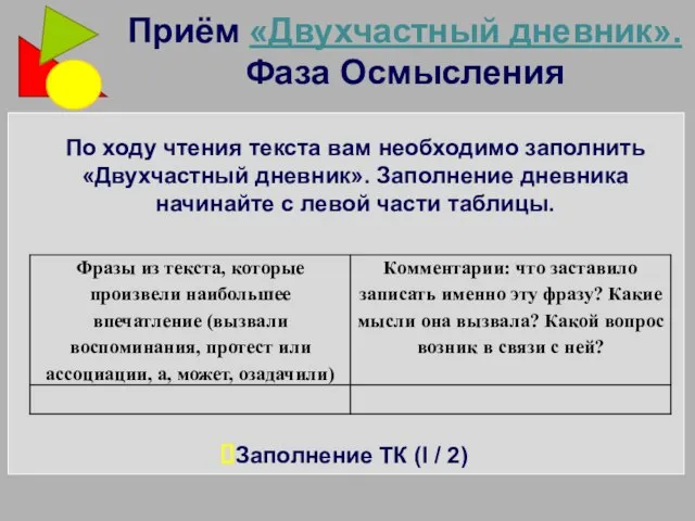 Приём «Двухчастный дневник». Фаза Осмысления По ходу чтения текста вам необходимо заполнить