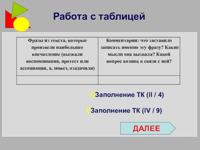 Работа с таблицей ДАЛЕЕ Заполнение ТК (IV / 9) Заполнение ТК (II / 4)