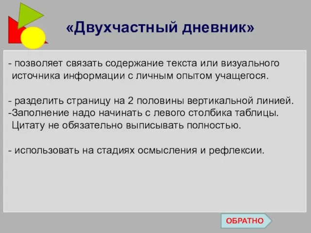 позволяет связать содержание текста или визуального источника информации с личным опытом учащегося.