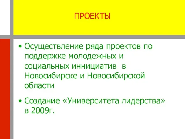 ПРОЕКТЫ Осуществление ряда проектов по поддержке молодежных и социальных иннициатив в Новосибирске